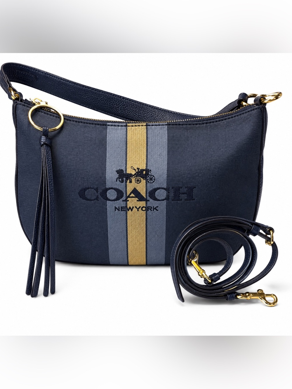 Coach Navy Crossbody with Center Cream and Tan Stripe